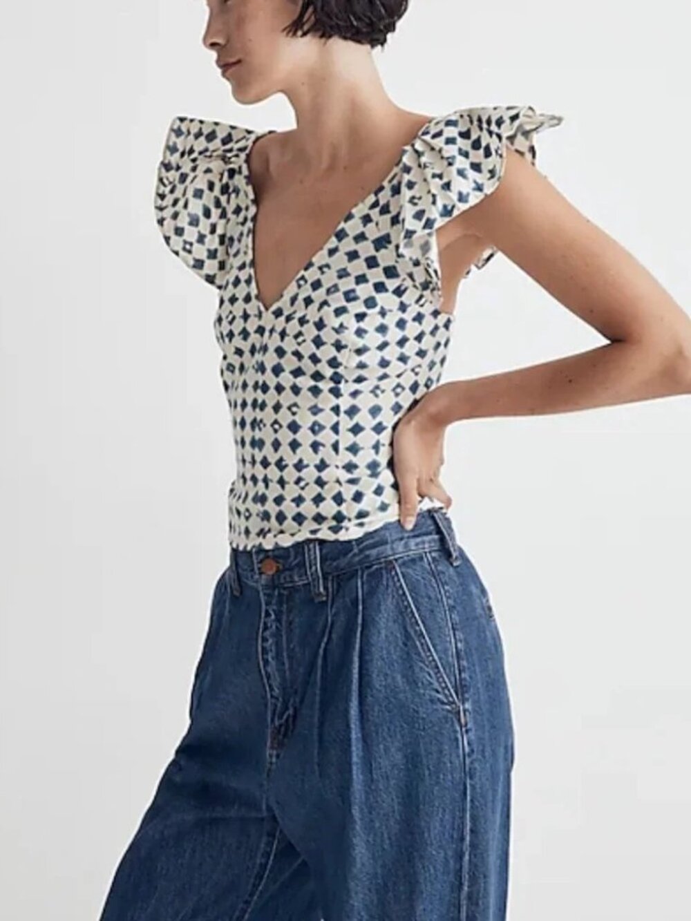 Madewell Shibori-Print V-Back Top‎ Geometric Diamonds Blue/White Size 6